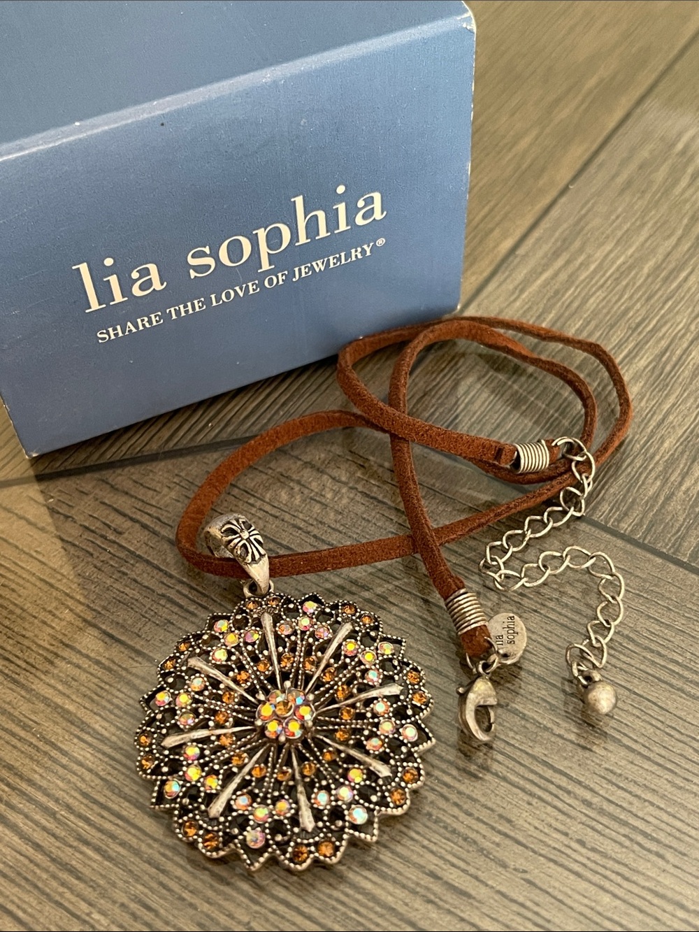 Lia Sophia “Arabesque” Sueded Brown Cord Medallion Necklace